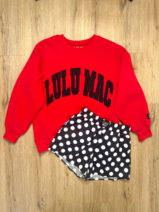 LULU MAC L & 2x Set w/ Red Sweatshirt & Black Polka Dot Shorts