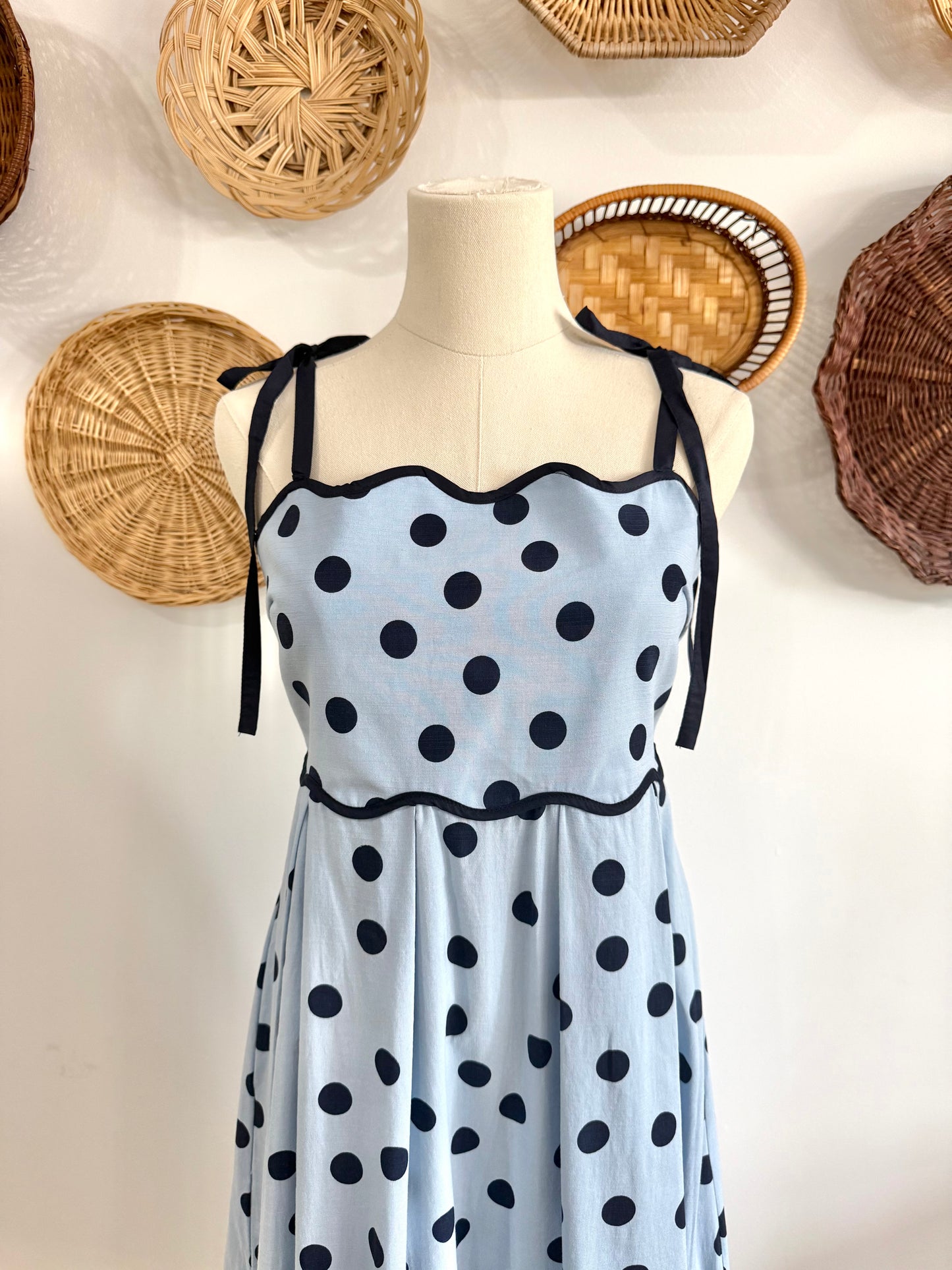 The Vera Scallop Detail Polka Dot Midi Dress in Blue