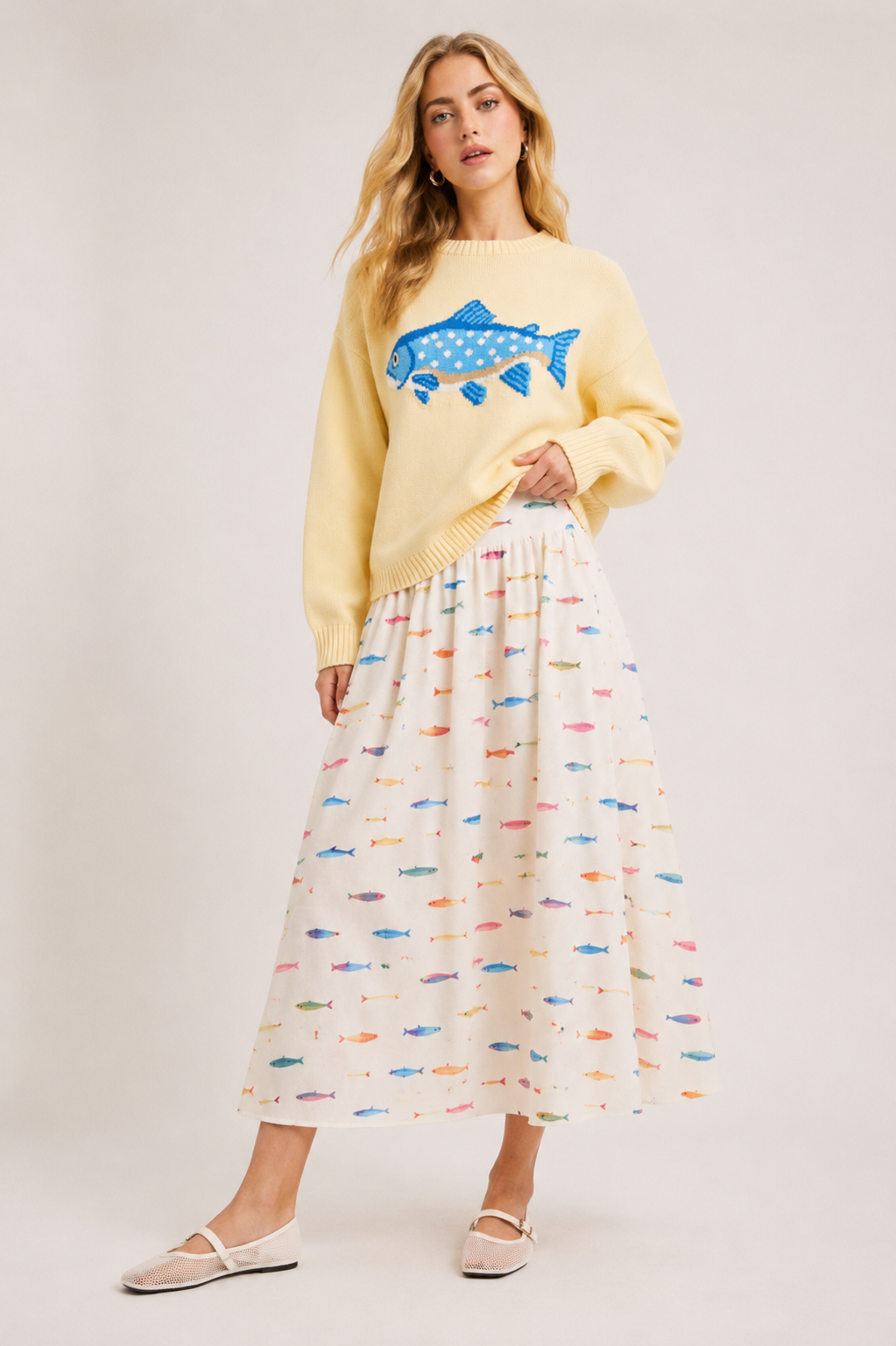 The Marina Fish Print Sweater in Lemon