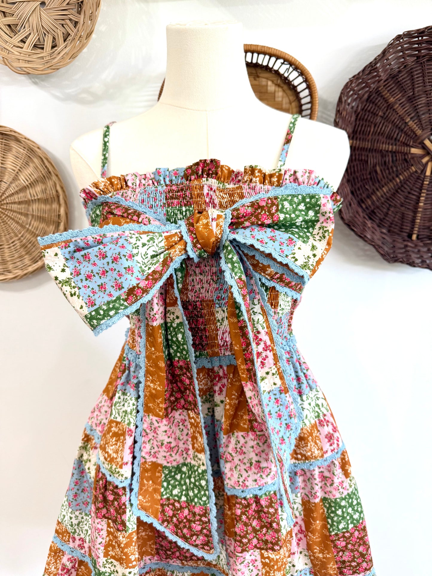 The Ramsey Quilt Patchwork Print Dress with Ric Rac Bow Detail