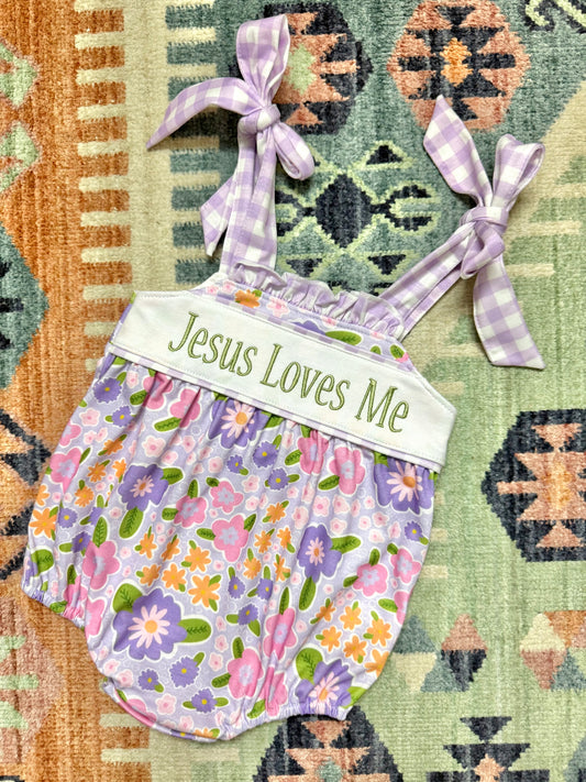 Embroidered “Jesus Loves Me” Bubble in Purple Gingham & Floral