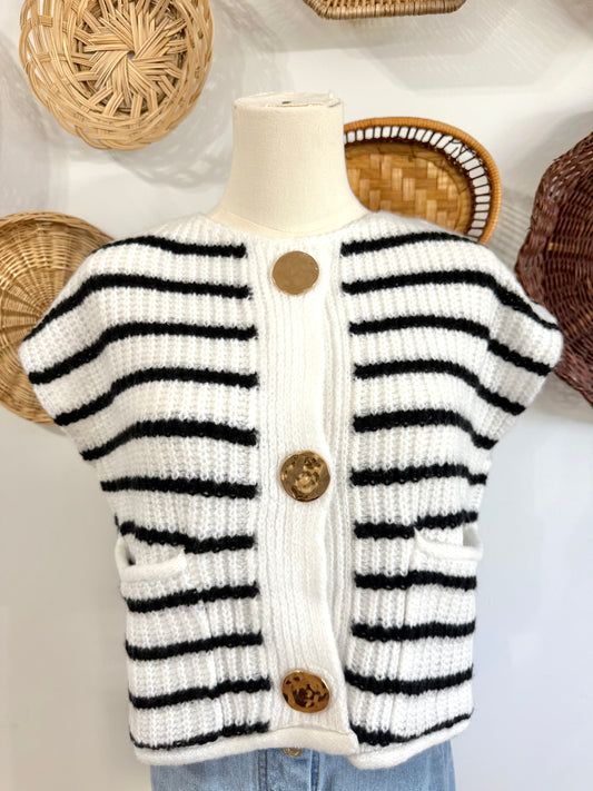 The Mabel Button Up Sweater Vest Top In White & Black Stripe