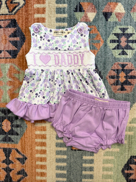 “ I 💜 Daddy” Smocked Floral Bloomer Set