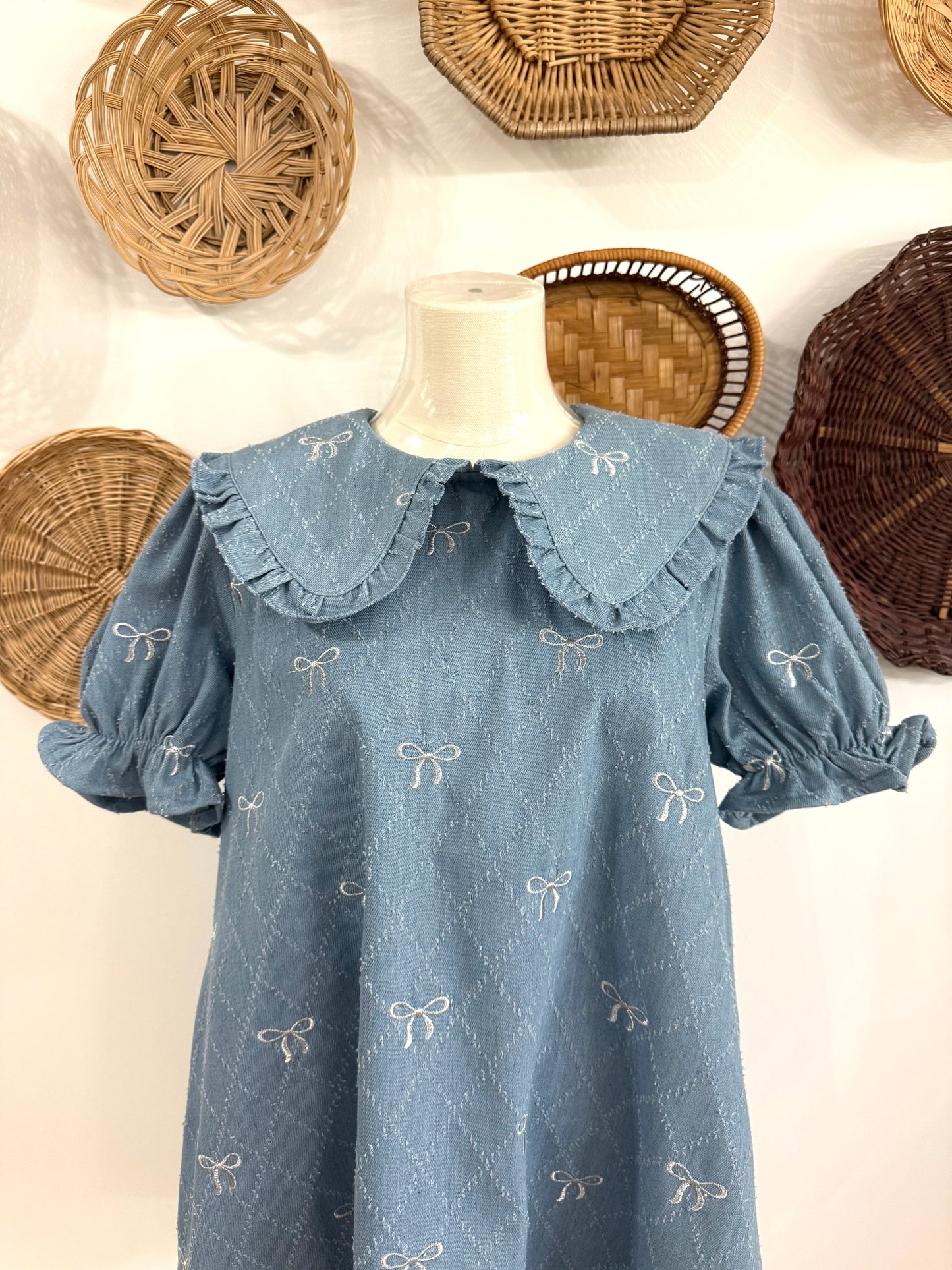 The Kai Bow Embroidered Collared Dress in Denim