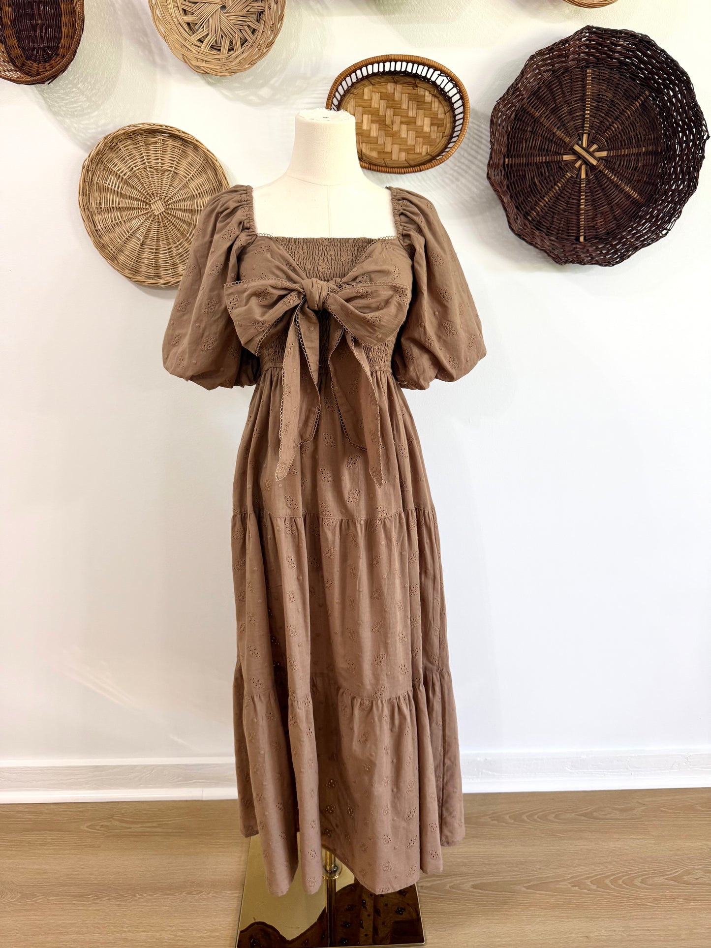 The Everlynn Bow Detail Eyelet Maxi Dress in Light Brown