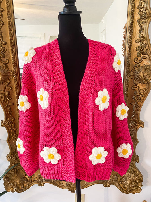 The Amelia Flower Cardigan in Hot Pink