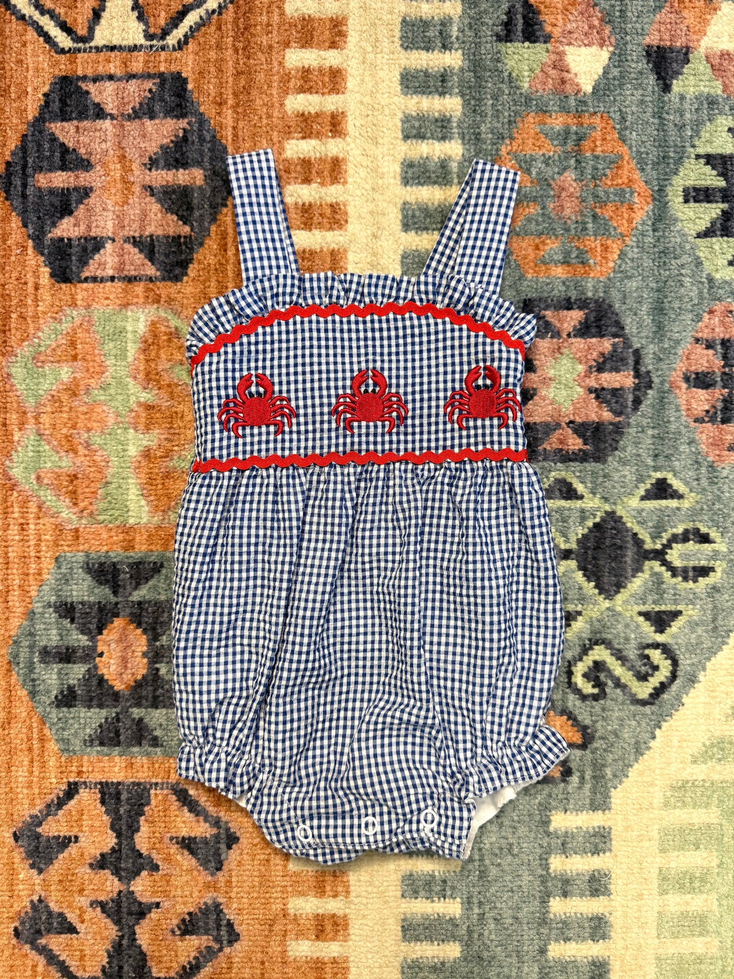 Blue Gingham Seersucker Embroidered Crab Bubble