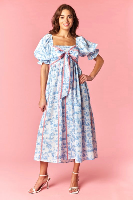 The Americana Toile Print Midi Dress in Blue