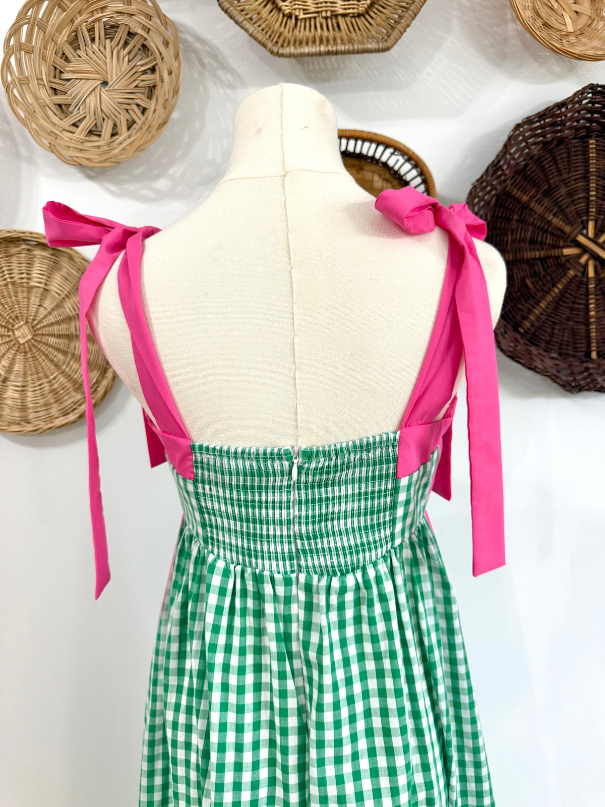 The Hendrix Gingham Midi Dress in Kelly Green & Pink