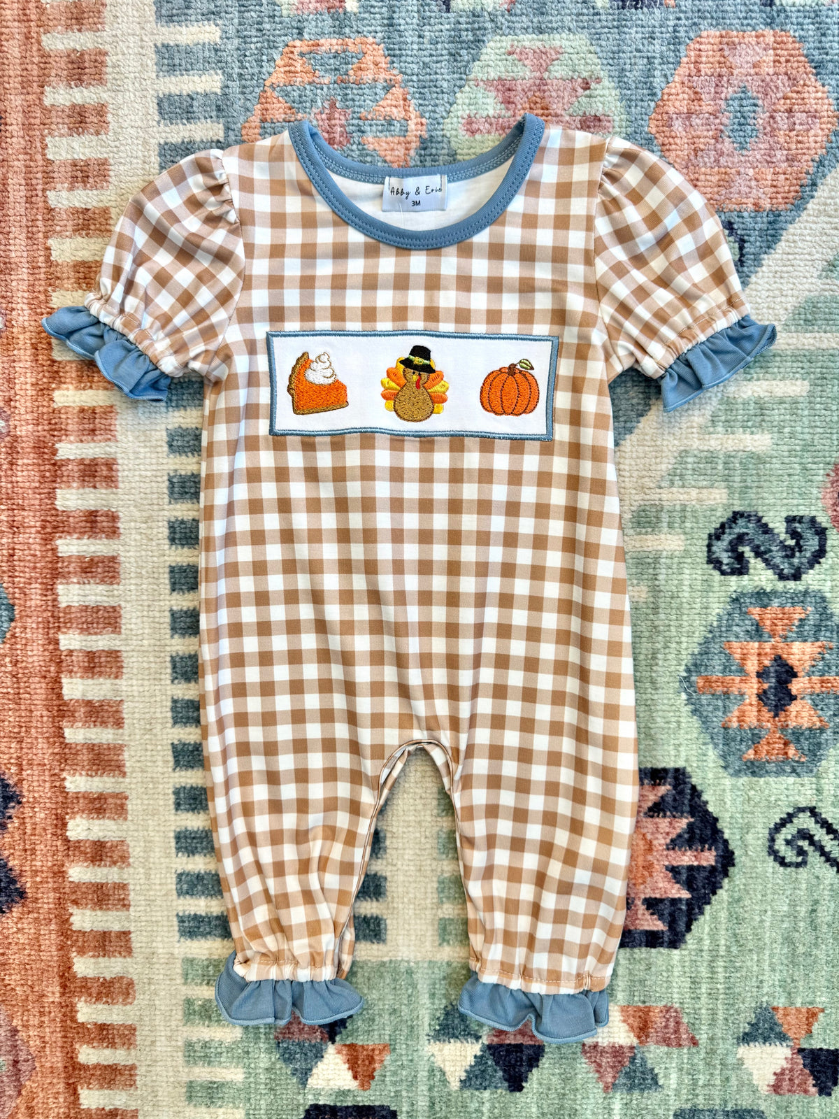 Turkey & Pumpkin Ruffle Romper in Gingham
