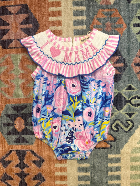“I 💗 Mama” Smocked Floral & Striped Bubble