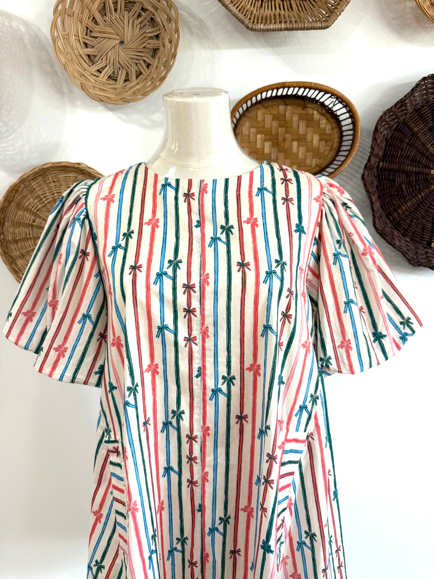 The Mara Striped Bow Print Dress in Ecru