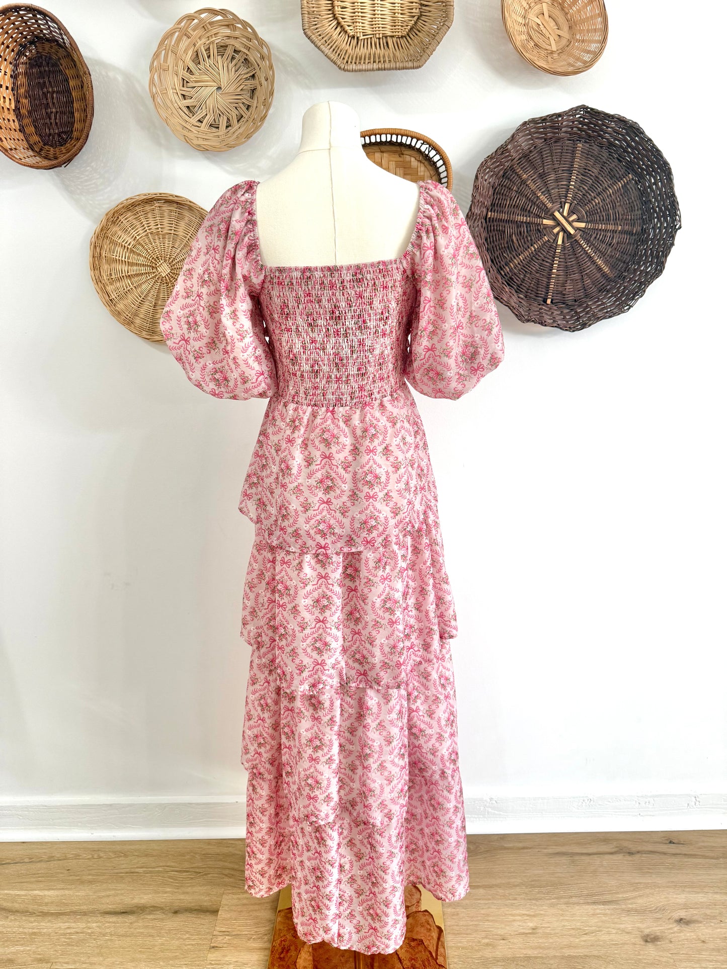 The Lilah Ruffle Tiered Maxi Dress in Floral & Bow Print