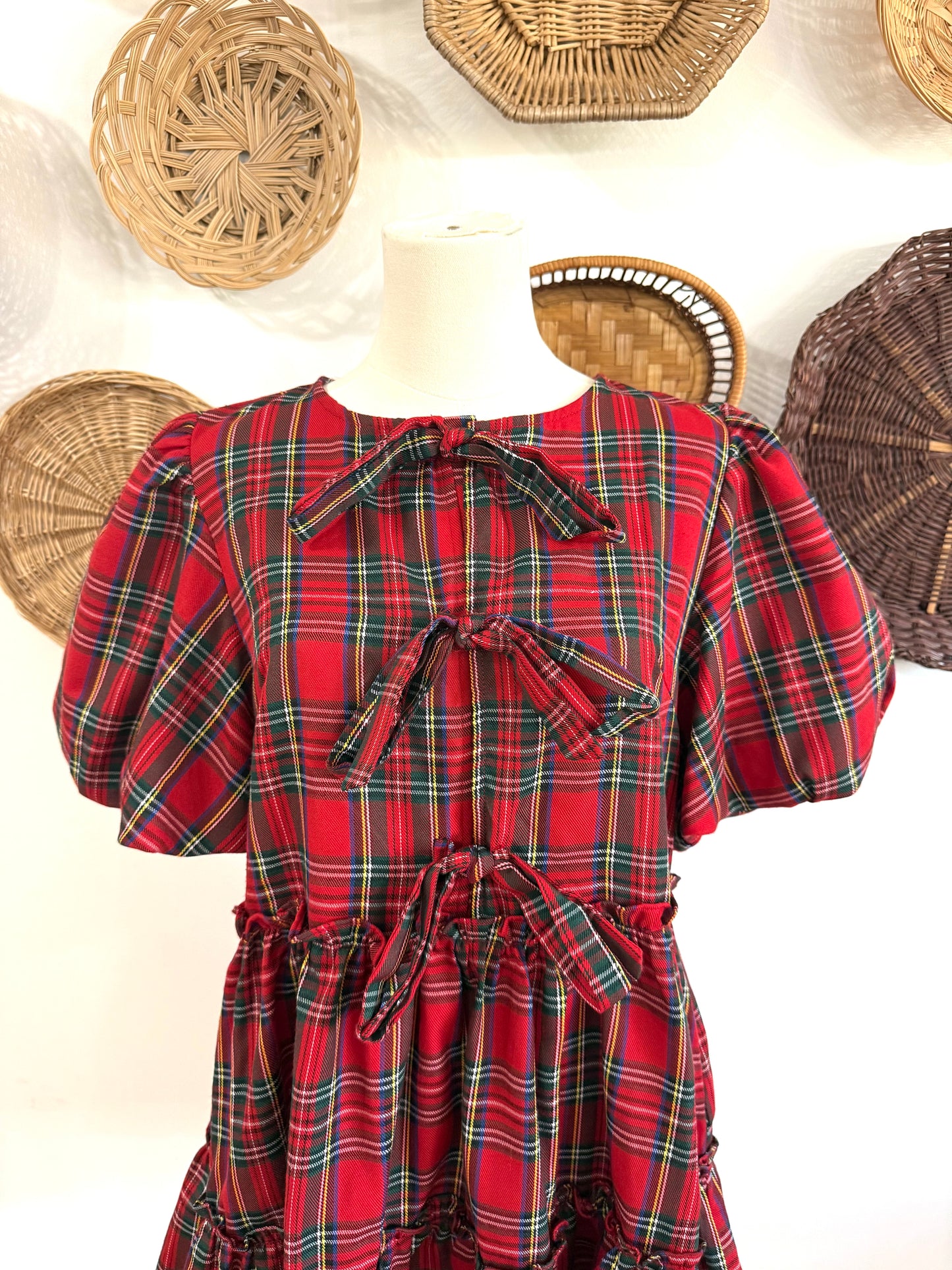 The Mistletoe Bow Detail Dress in Red Plaid