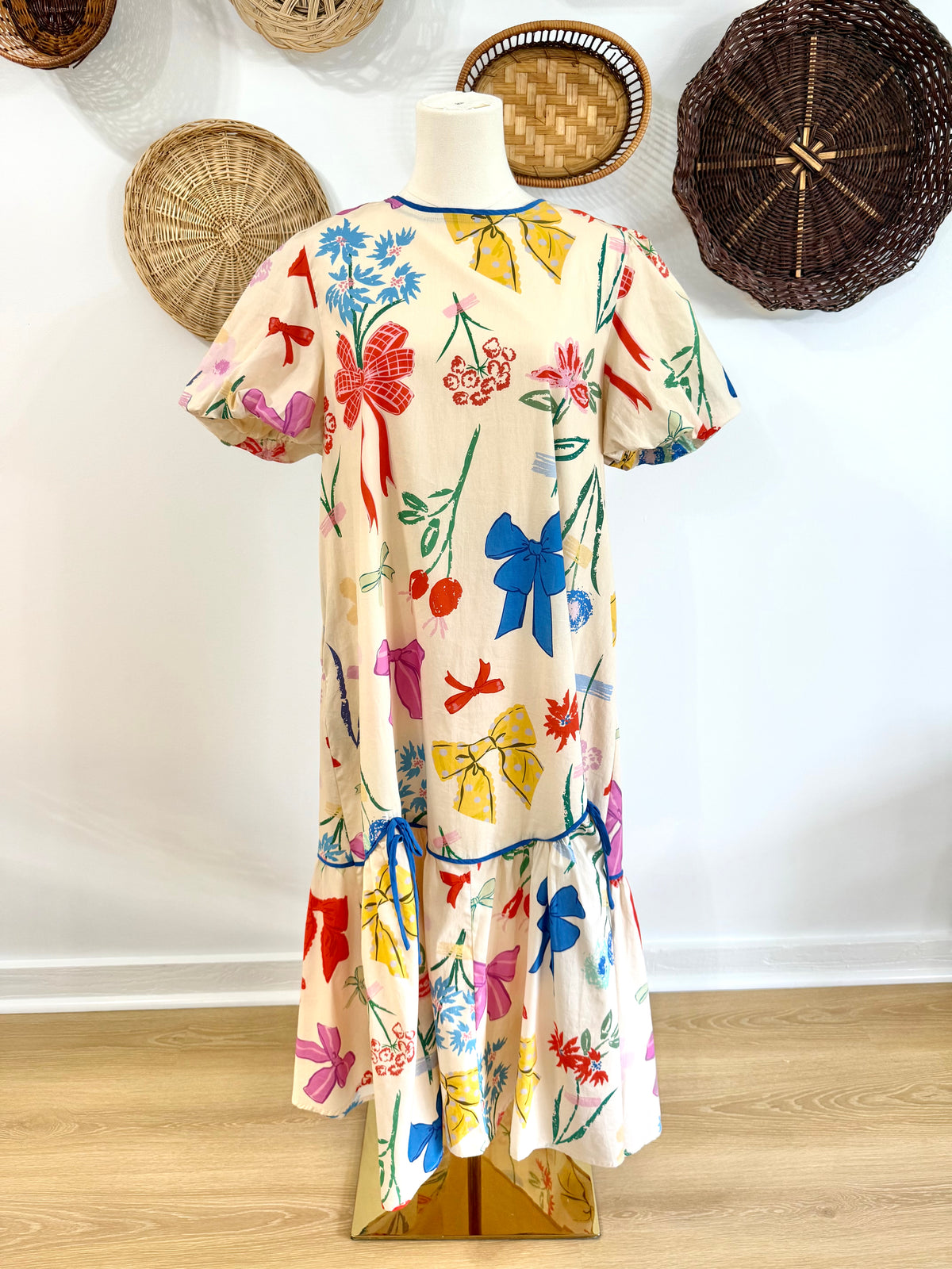 The Romy Bow & Floral Midi Dress in Ivory