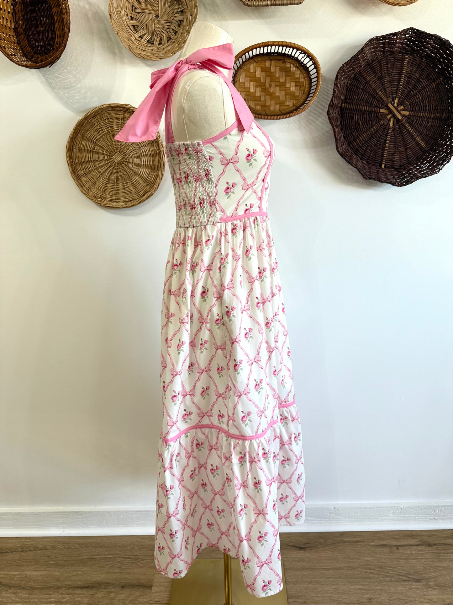 The Ava Tie Shoulder Floral & Bow Print Midi Dress in Pink