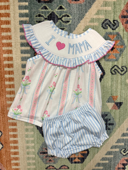 Smocked “I ❤️ Mama” Floral Bloomer Set