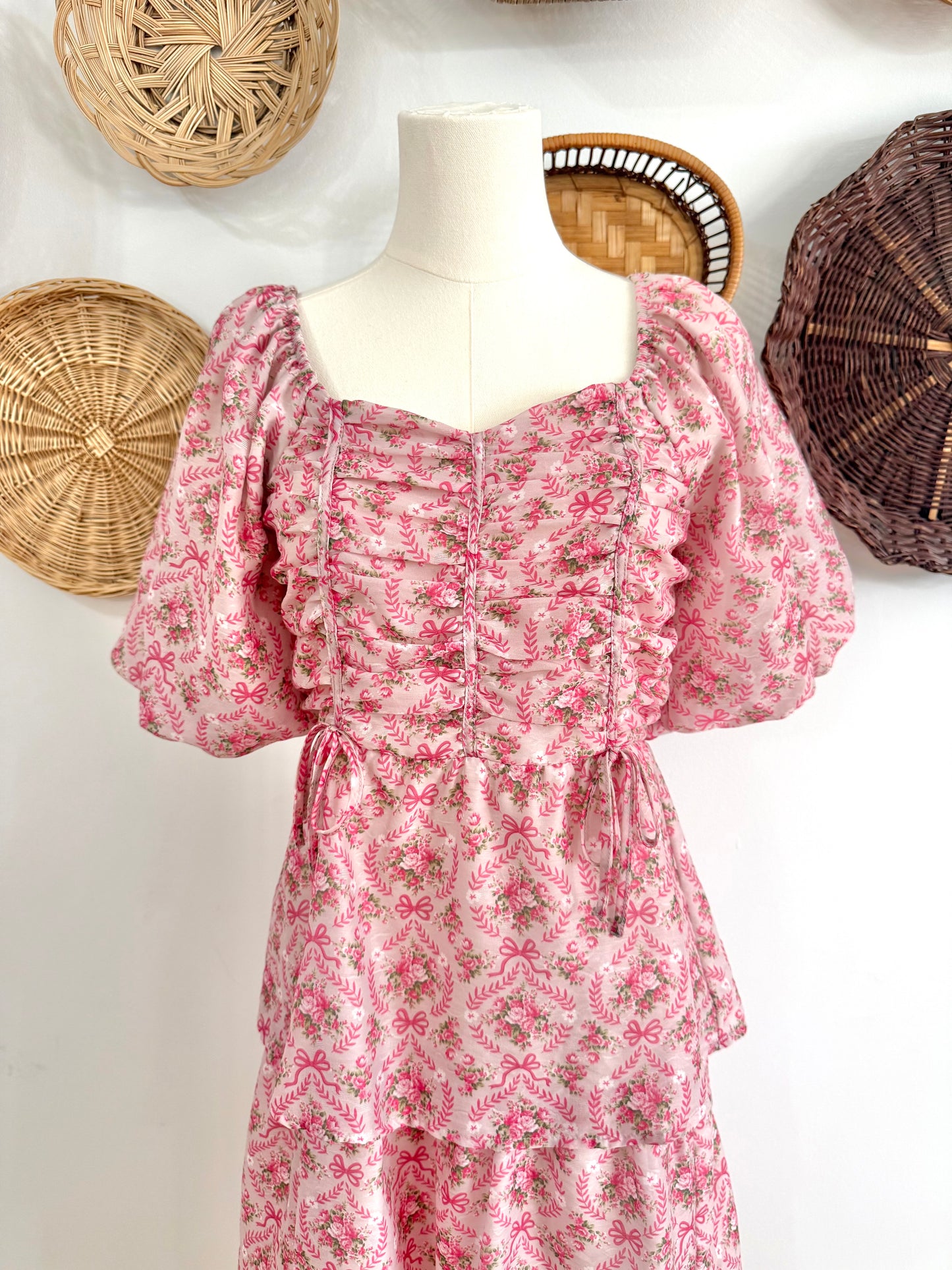 The Lilah Ruffle Tiered Maxi Dress in Floral & Bow Print