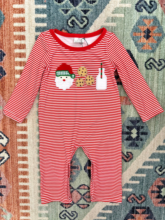 Boy’s Santa Snack Striped Romper in Red