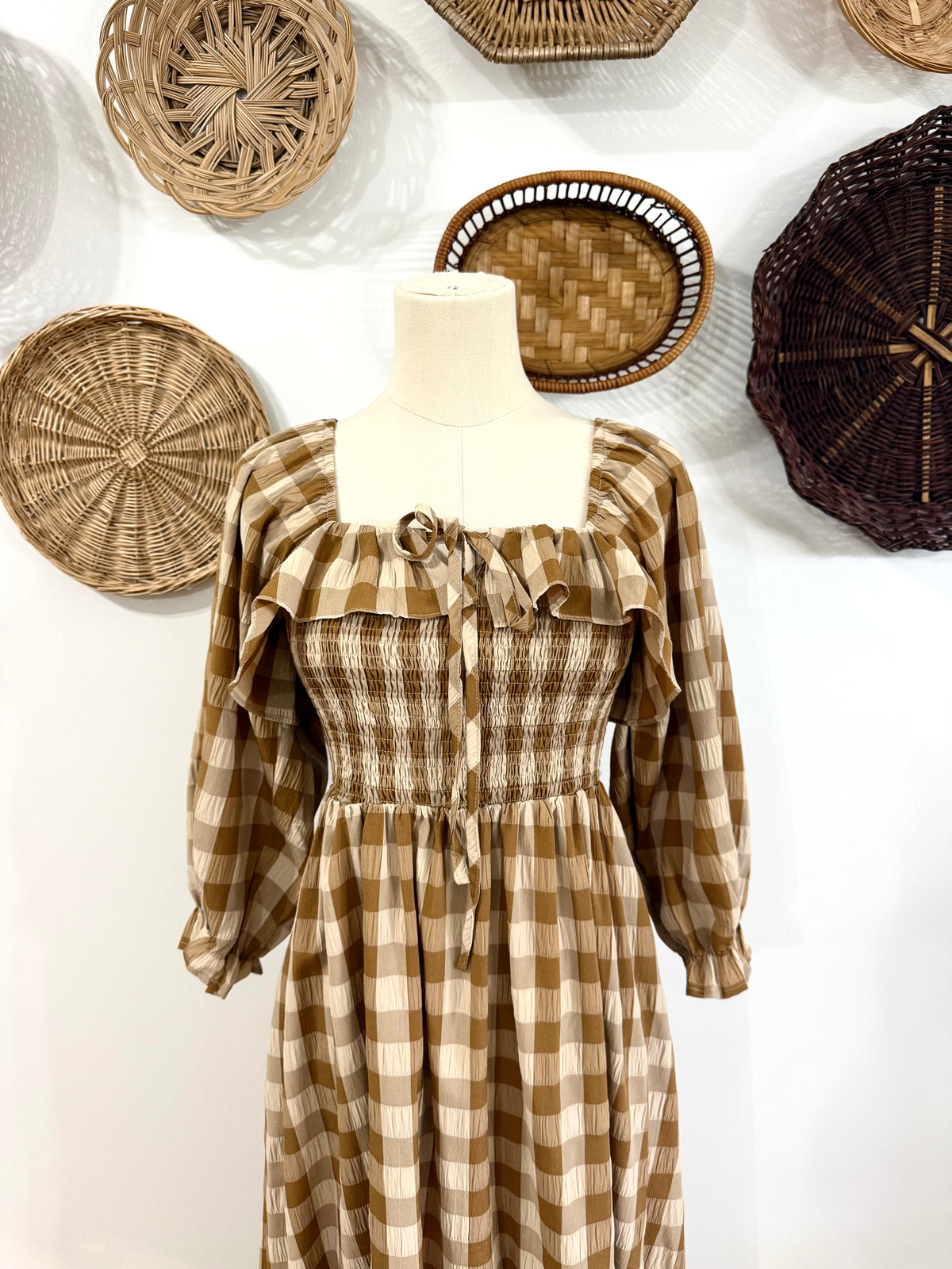 The Haven Gingham Maxi Dress in Tan