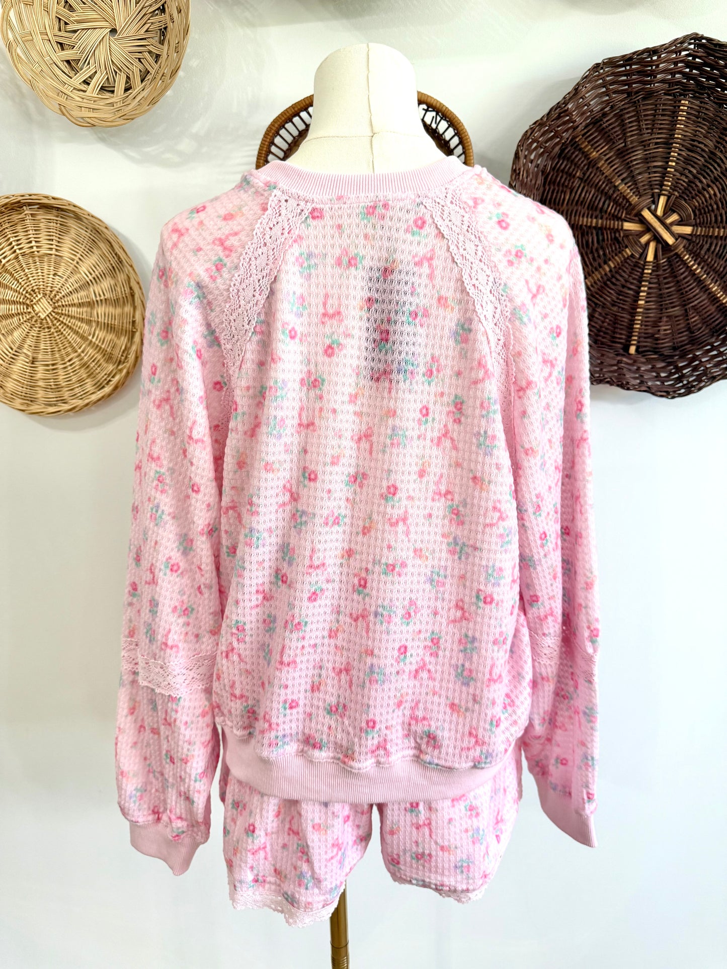 The Patsie Floral Waffle Lounge Set with Lace Detail in Pink