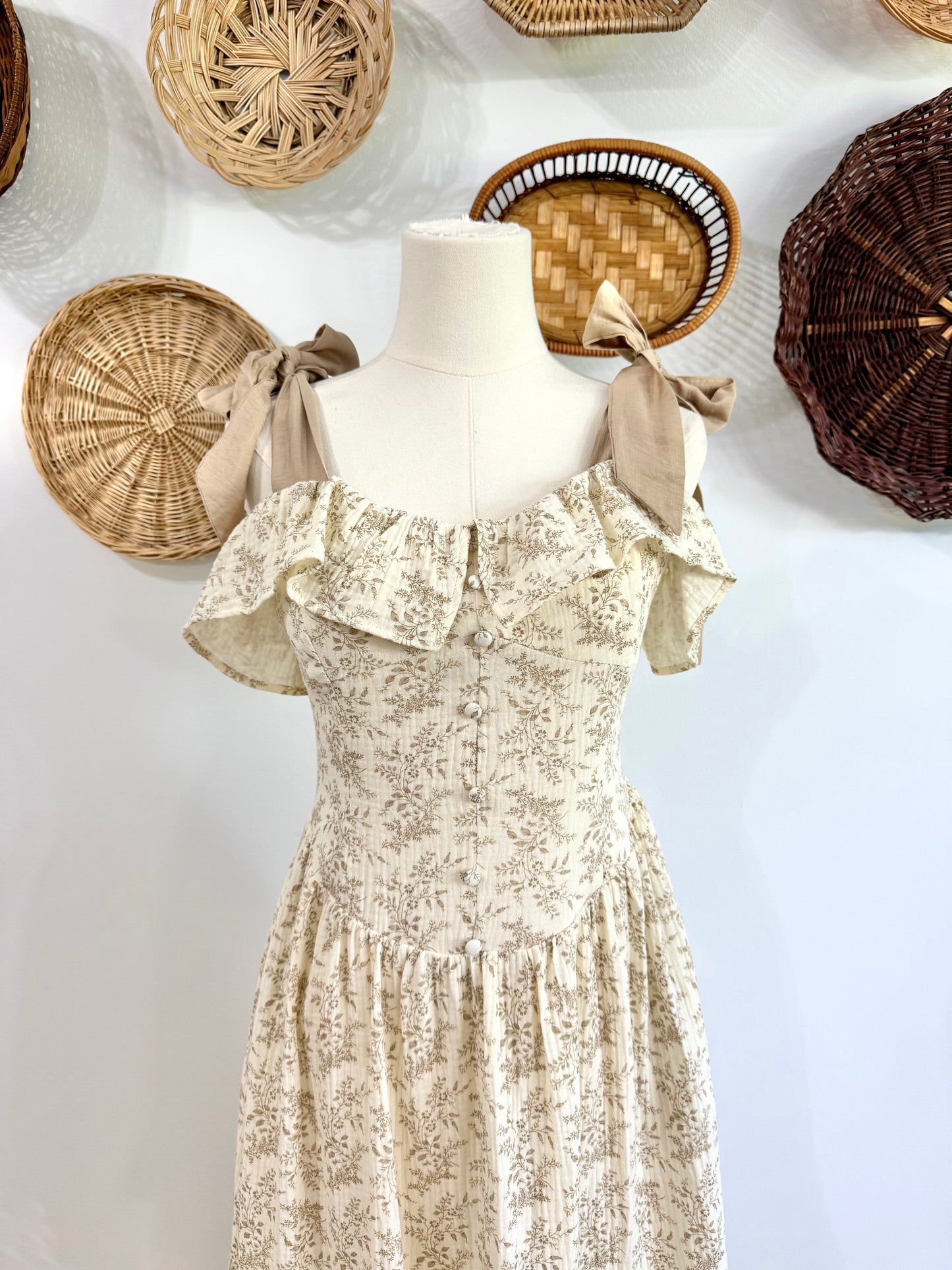 The Jolie Floral Ruffle Maxi Dress in Taupe