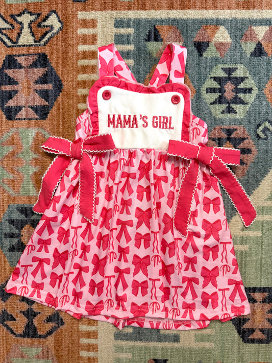 “Mama’s Girl” Bow Print Ruffle Dress