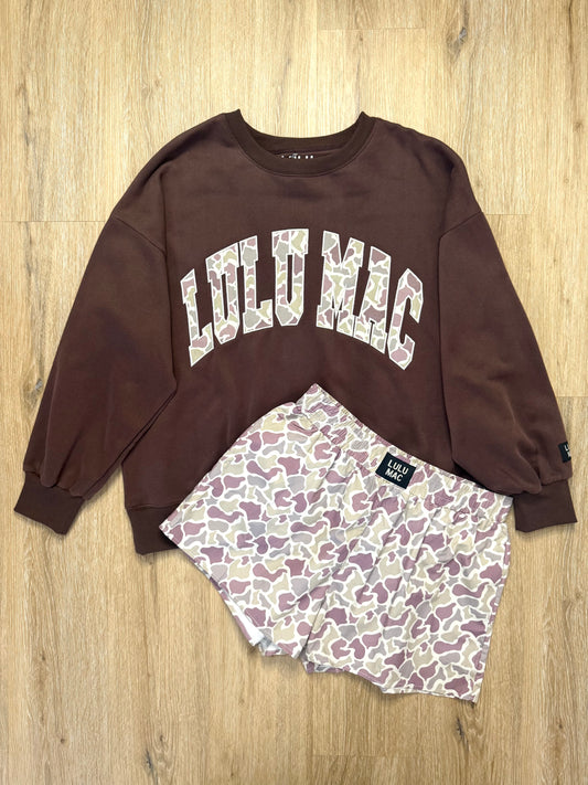 LULU MAC S Set w/ Brown Camo Sweatshirt & Light Camo Shorts