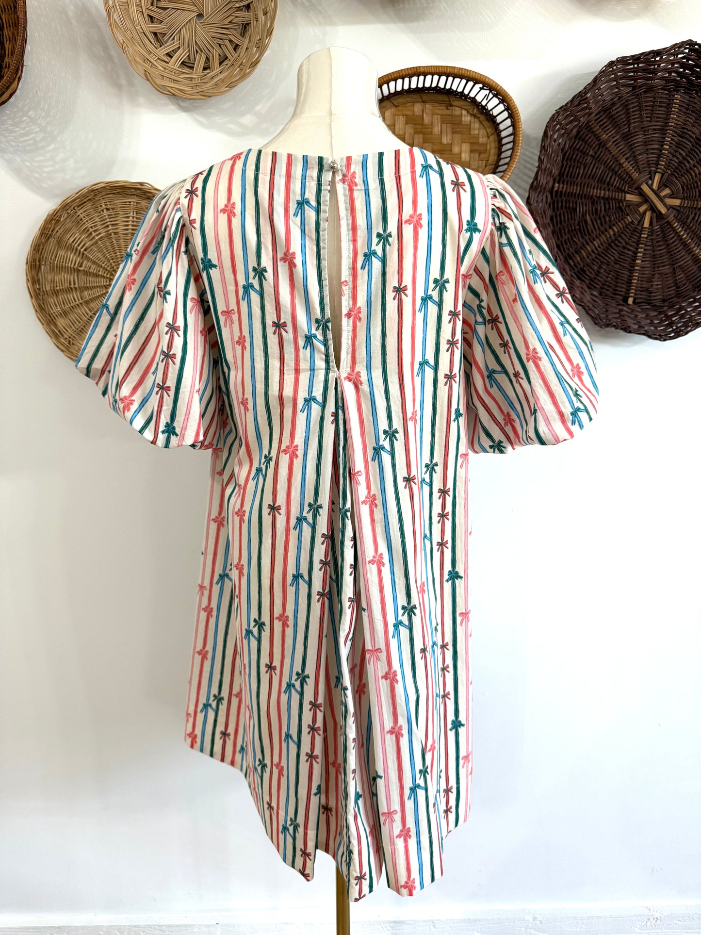 The Mara Striped Bow Print Dress in Ecru