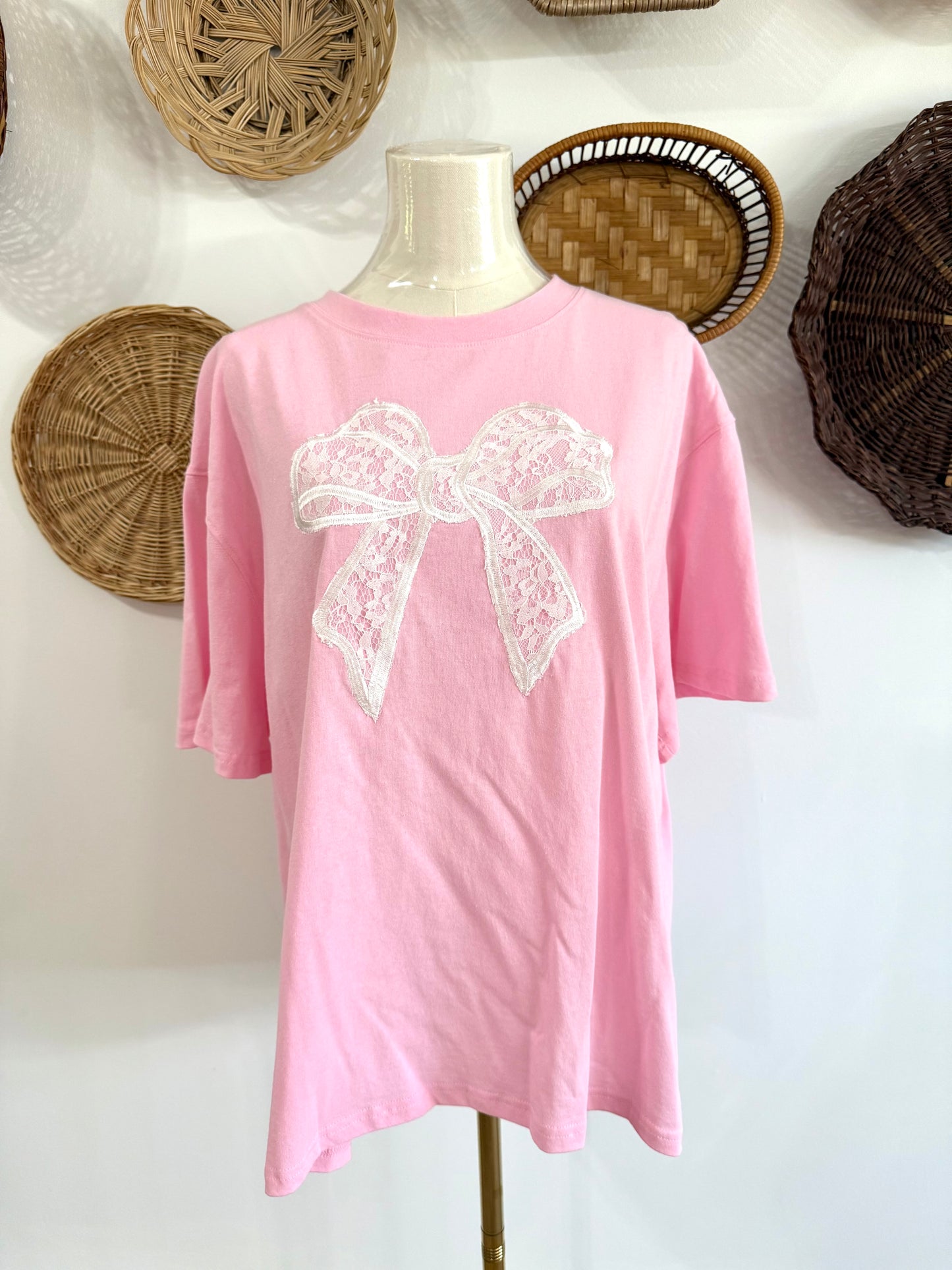 The Rae Lace Bow T Shirt in Baby Pink