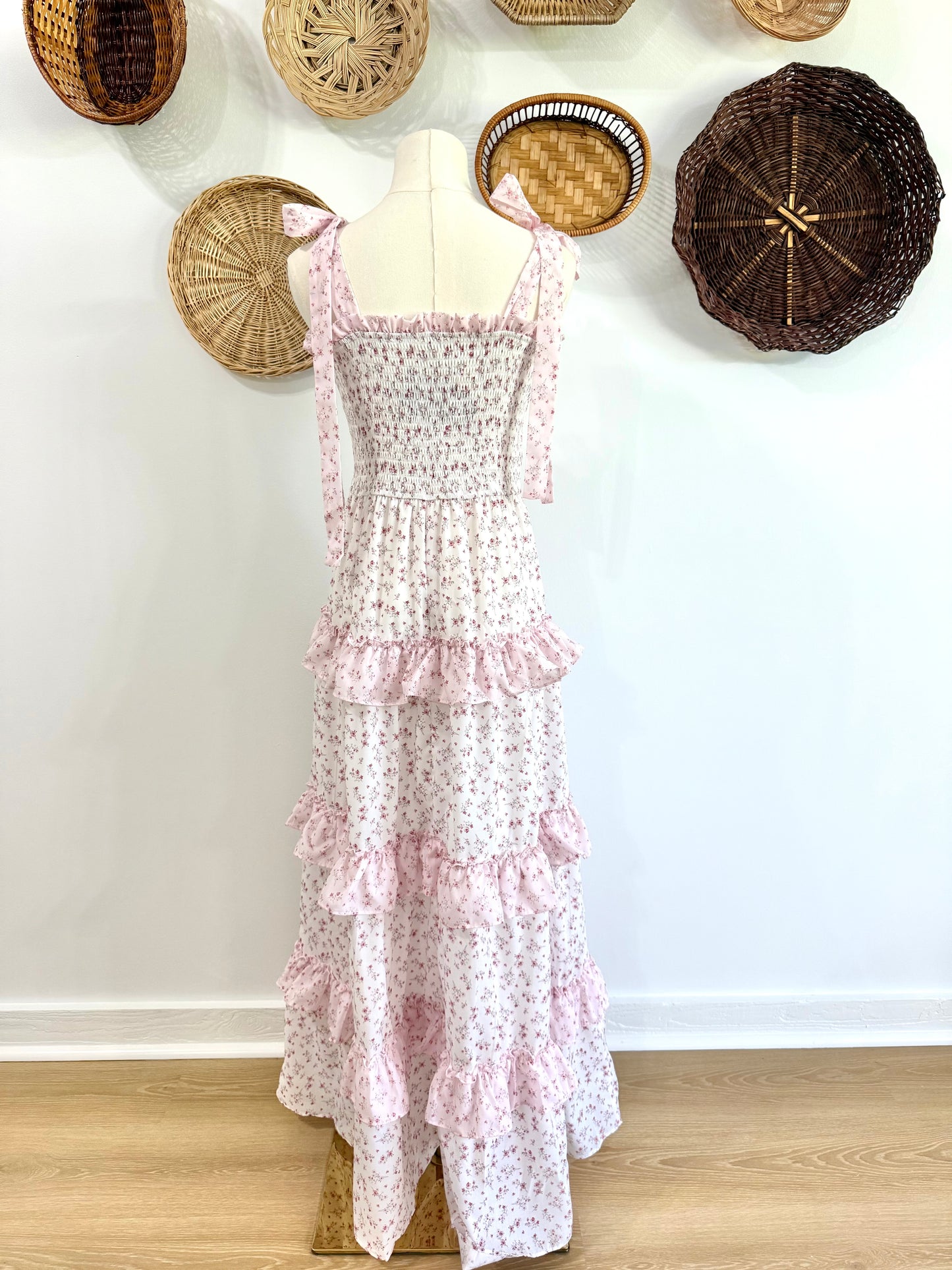 The Shayla Floral Ruffle Tiered Maxi Dress in Light Pink