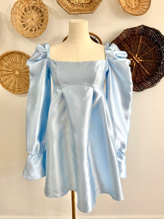 The Charity Satin Babydoll Bow Tie Back Dress in Light Blue