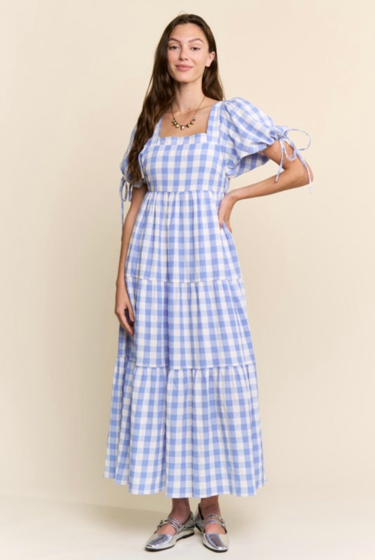 The Ezra Tiered Maxi Dress in Blue Gingham