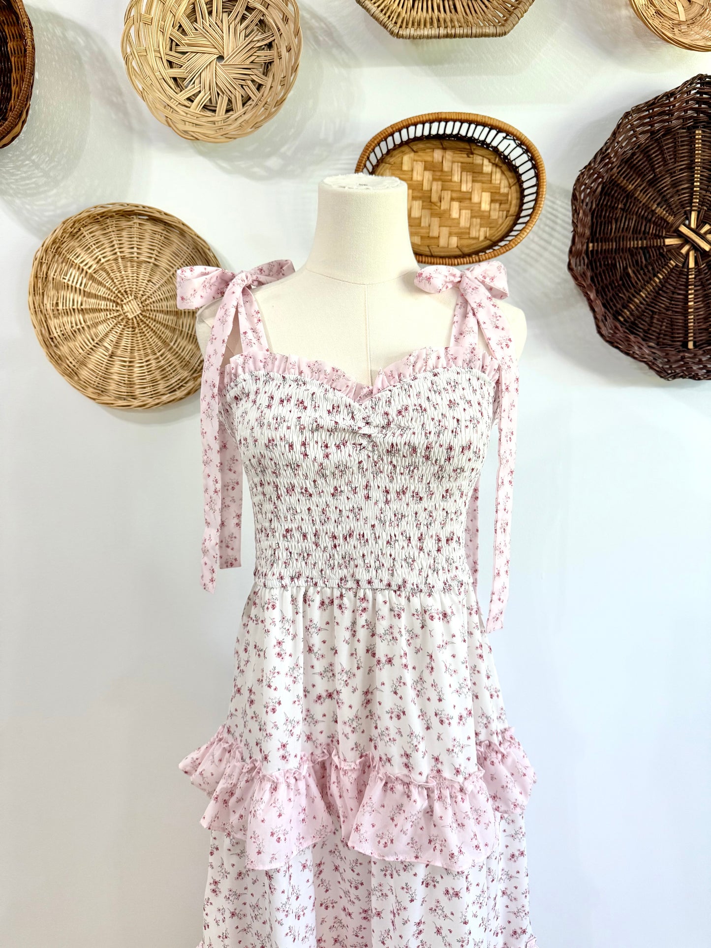 The Shayla Floral Ruffle Tiered Maxi Dress in Light Pink