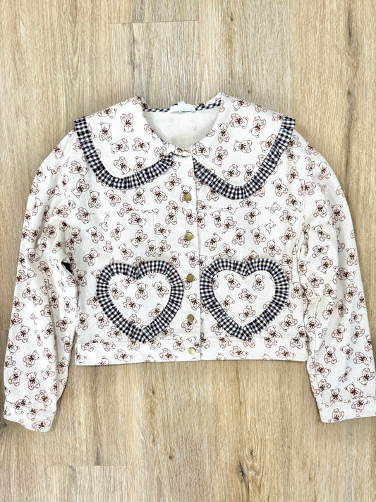 The Lani Bib Collar Teddy Bear Jacket w/ Gingham Detail & Heart Pockets