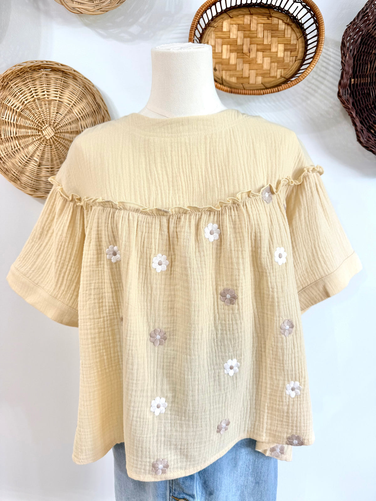 The Maple Floral Embroidered Gauze Top in Cream