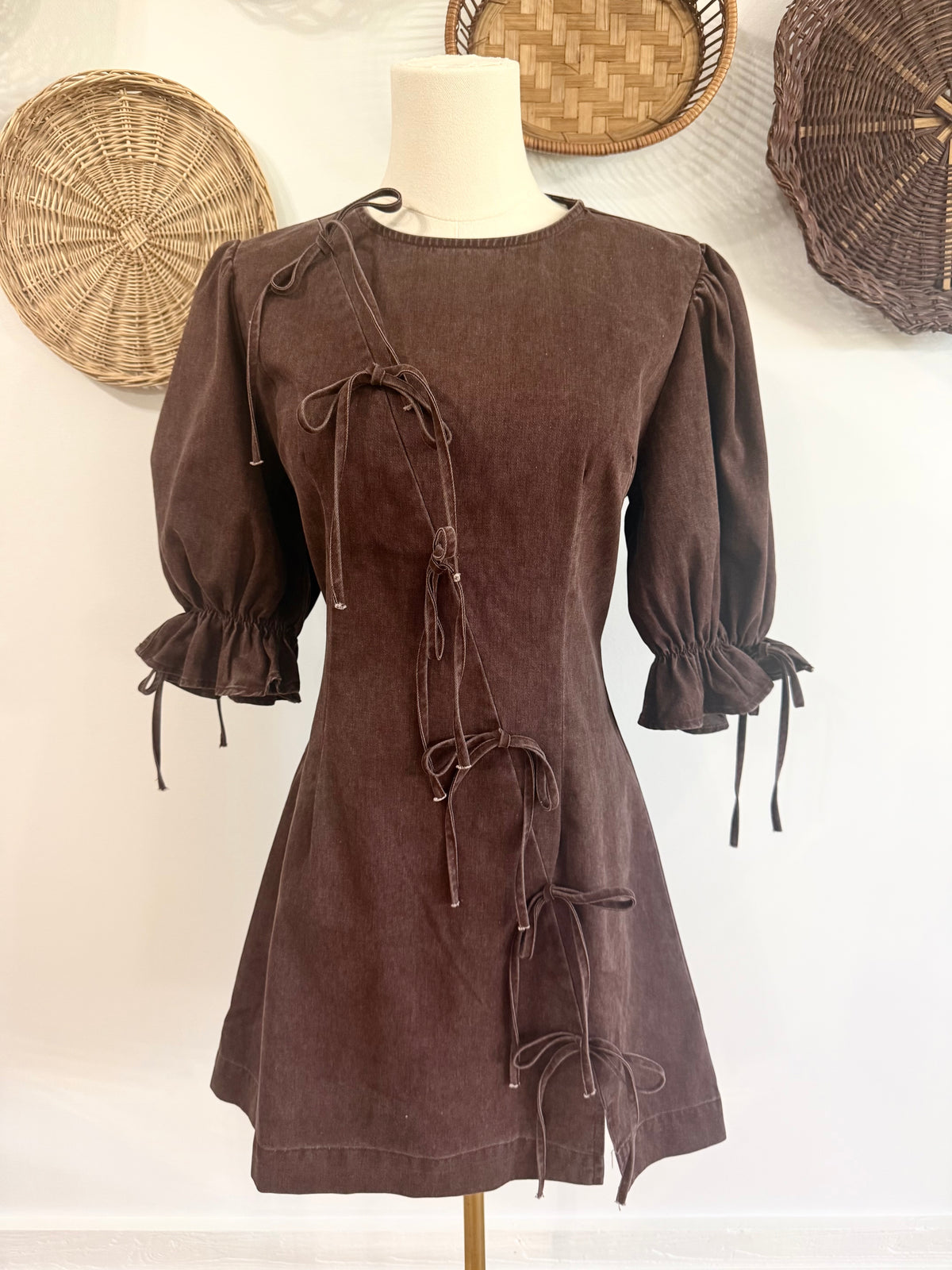 The Autumn Brown Denim Dress w/ Bow Details