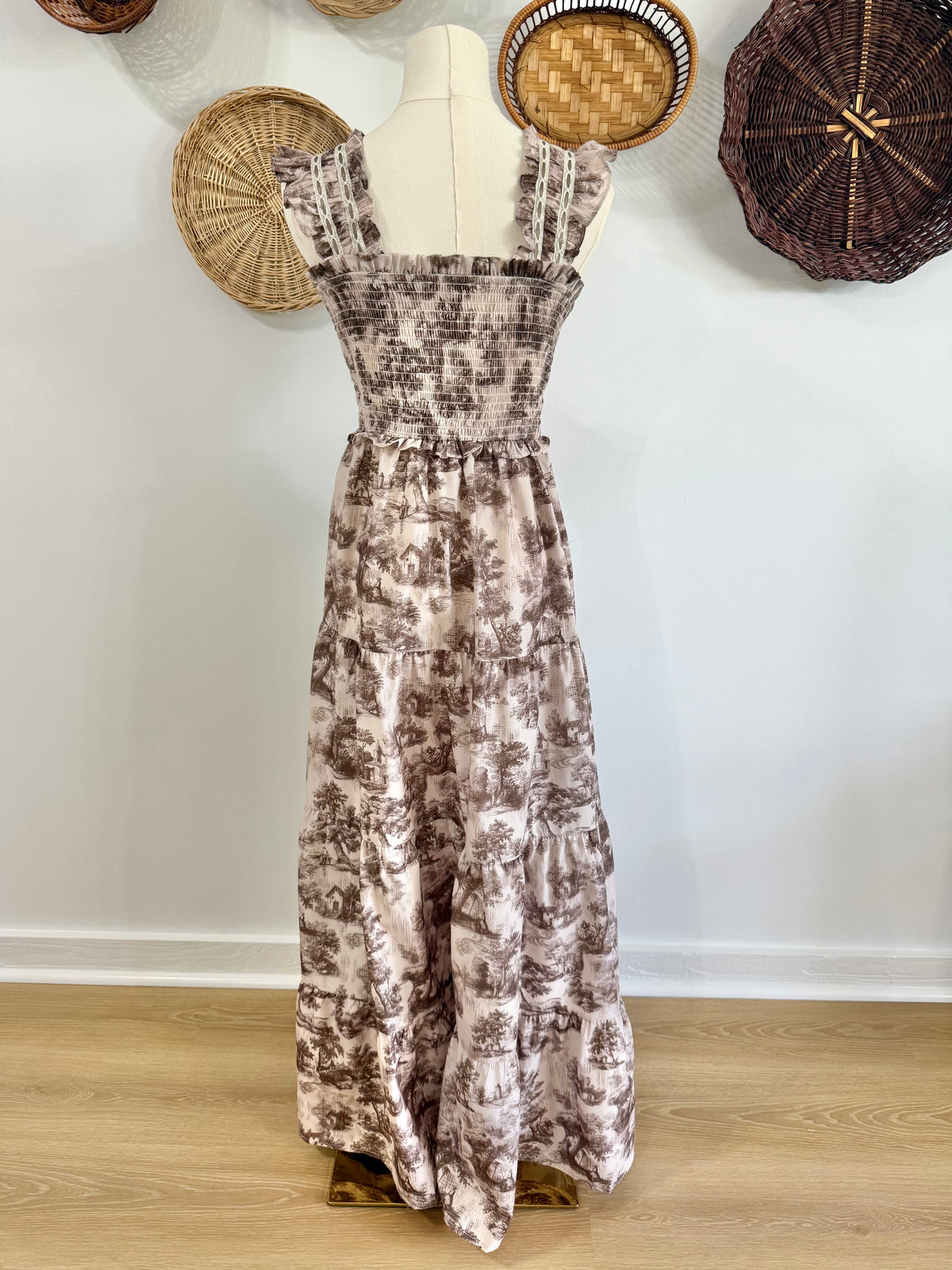 The Ramona Toile Print Smocked Maxi Dress in Brown