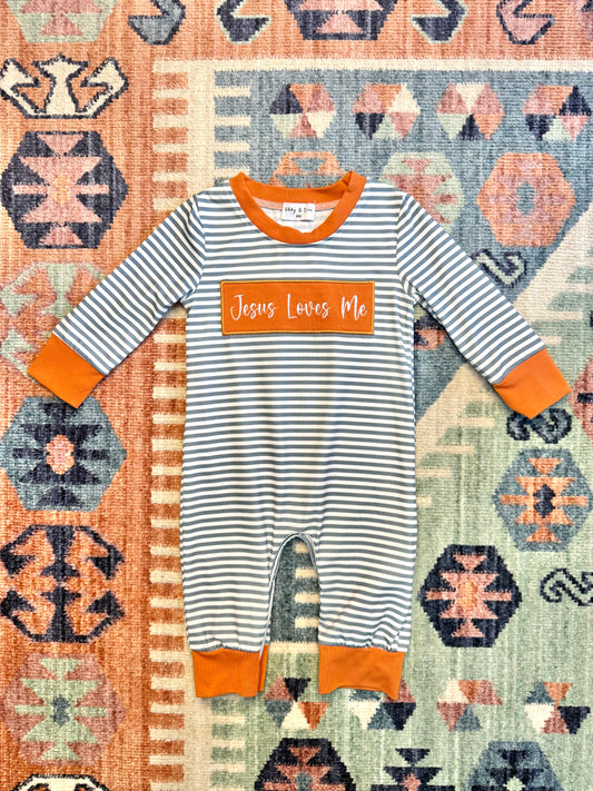 Boy’s “Jesus Loves Me” Striped Romper