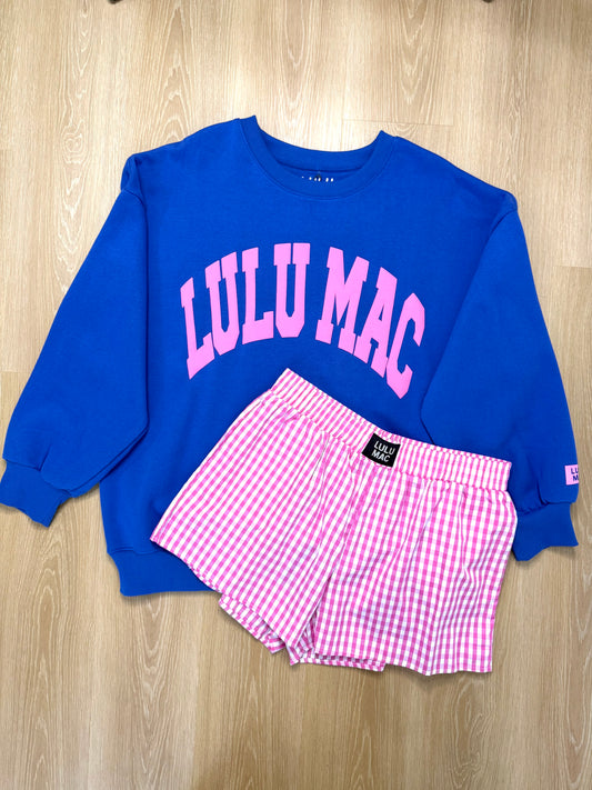 LULU MAC XXL Set w/ Royal Blue Sweatshirt & Pink Gingham Shorts