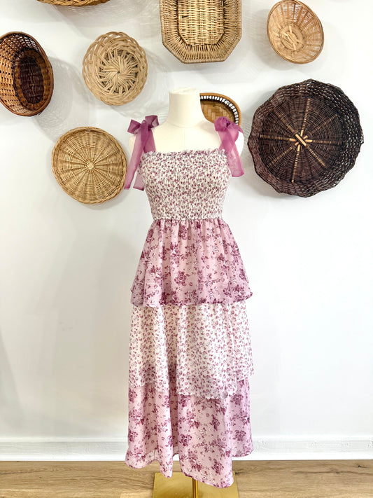 The Carden Ruffle Tiered Floral Maxi Dress in Mauve
