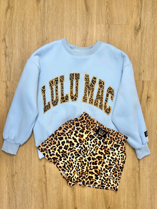 LULU MAC L Set w/ Blue Leopard Sweatshirt & Leopard Shorts