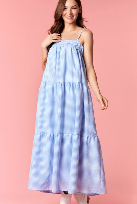 The Paloma Gingham Tiered Maxi Dress in Blue