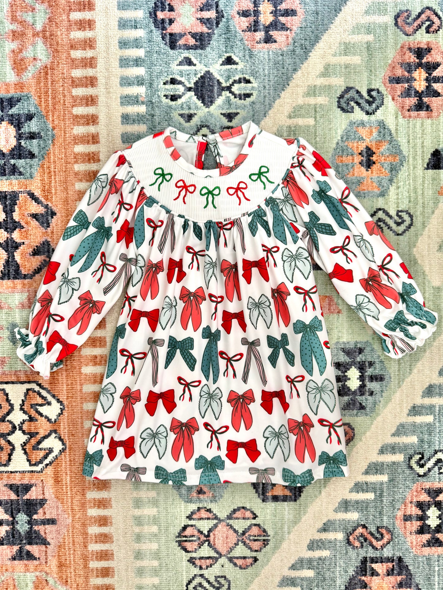 Smocked Bow Print Dress in Red & Green