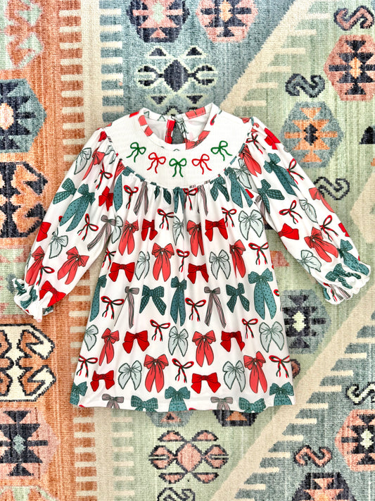 Smocked Bow Print Dress in Red & Green