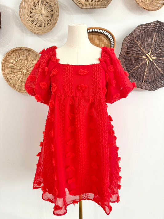 The Kringle Swiss Dot Puff Sleeve Dress in Red