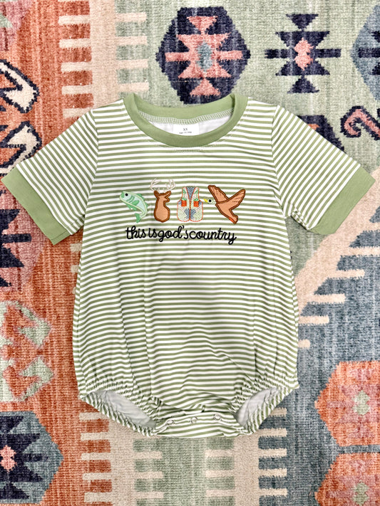 Boy’s “This is God’s Country” Embroidered Bubble in Olive