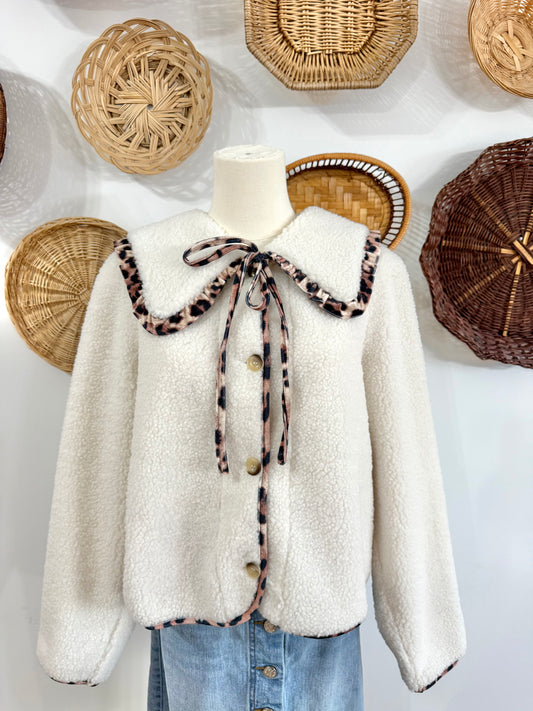 The Nightingale Leopard Trim Collared Sherpa Jacket in White