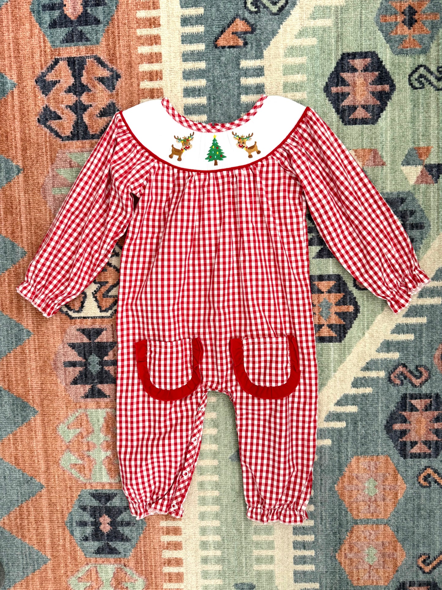 Christmas Tree & Reindeer Smocked Romper in Plaid