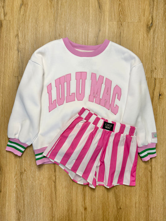 LULU MAC S & M Set w/ White, Pink, & Green Sweatshirt & Pink Striped Shorts